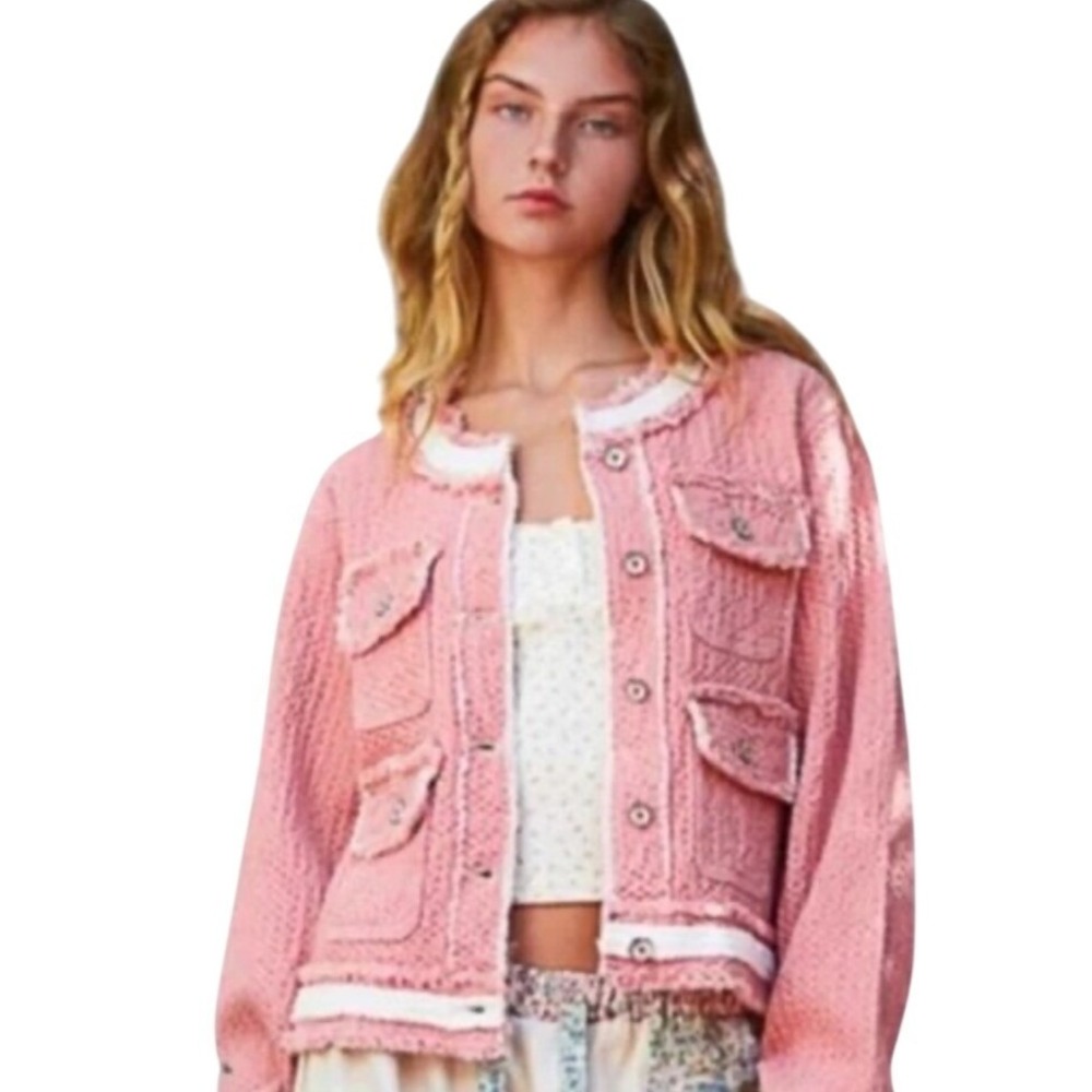 POL NWT Pink Tweed Cropped Jacket Button Front Frayed Trim Pockets Womens